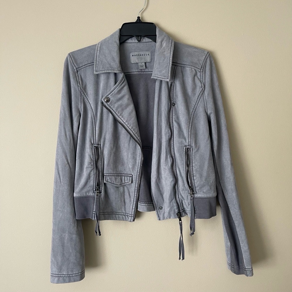 Marrakech Jacket Womens Gray Moto Zipper Pockets Asymmetrical Zipper Snap Collar